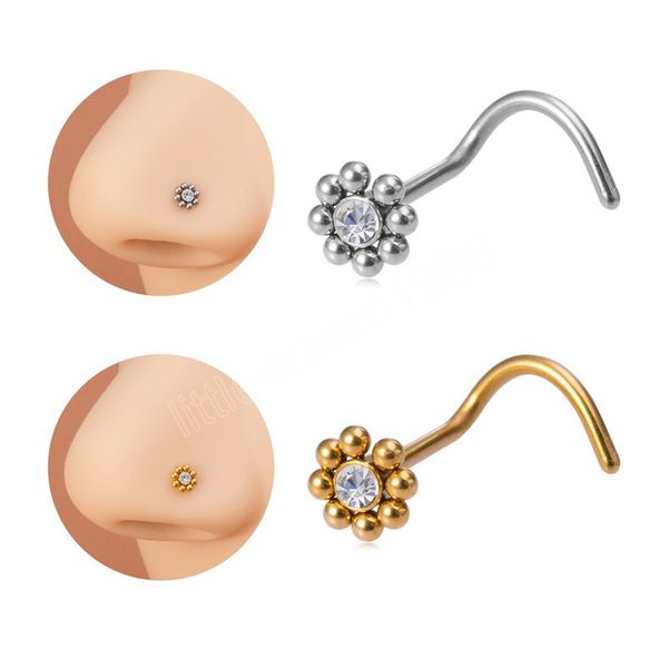 

flower beads nose surgical steel nose piercing nariz bone ring screw nostril stud for women men trendy body jewelry, Silver