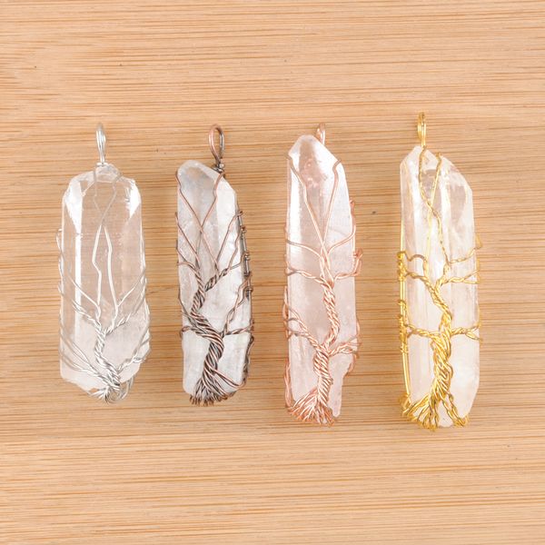 

natural crystal pillar pendants handmade wire wrapped tree of life jewelry bn493, Silver