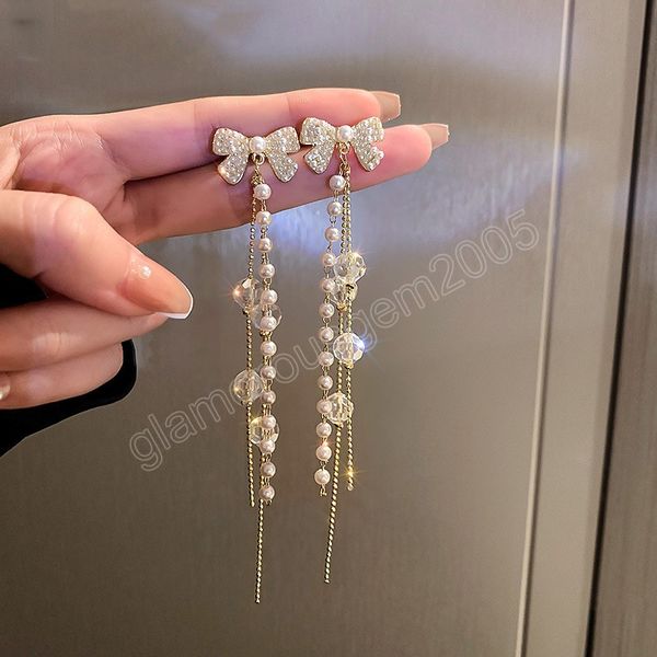 

imitation pearl dangle earrings women fashion classic luxury geometric crystal butterfly tassel long earring, Silver