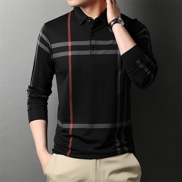 

men's polos high end designer fashion brand polo shirt black striped korean casual long sleeve clothes 220924, White;black