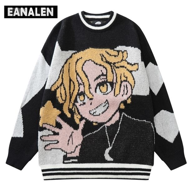 

men's sweaters harajuku complex cartoon anime jumper knitted sweater men's oversized winter japanese boy pullover grandpa ugly swe, White;black