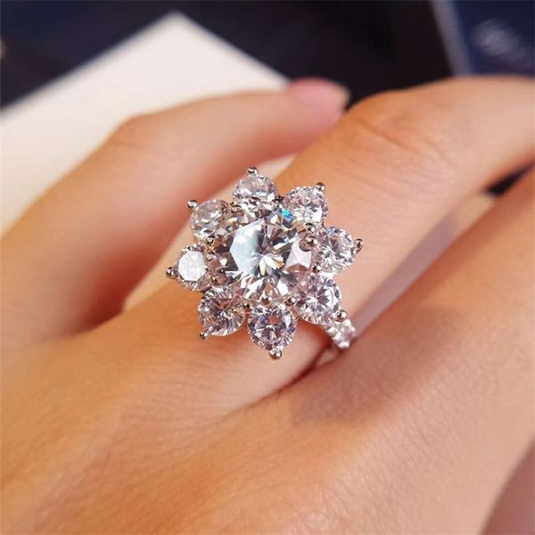 

cluster rings real luxury sun flower ring 2 diamond lotus ring women fancy wedding rings sterling silver jewelry include box 220922, Golden;silver