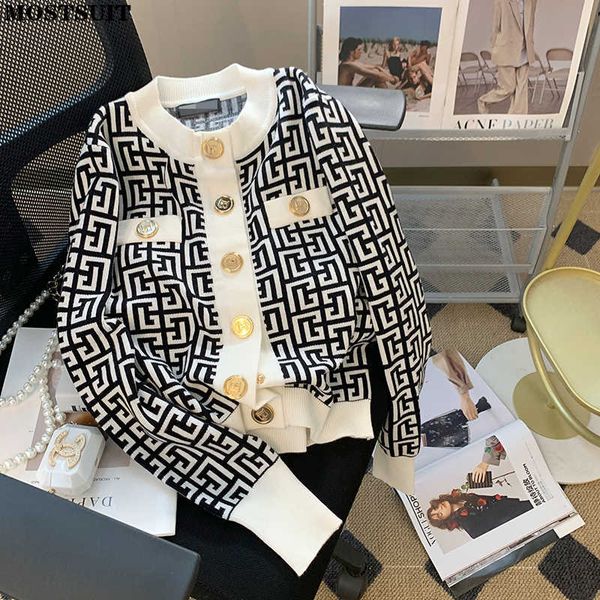 

women's sweaters jacquard vintage elegant knit cardigan sweater women long sleeve o-neck slim ladies crop fashion chic stylish knitwea, White;black