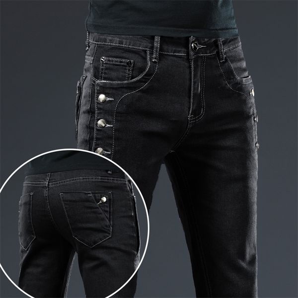 

men's jeans trendy men clothing slim button black solid color stretch skateboard multi button youth male skinny denim pants 220923, Blue