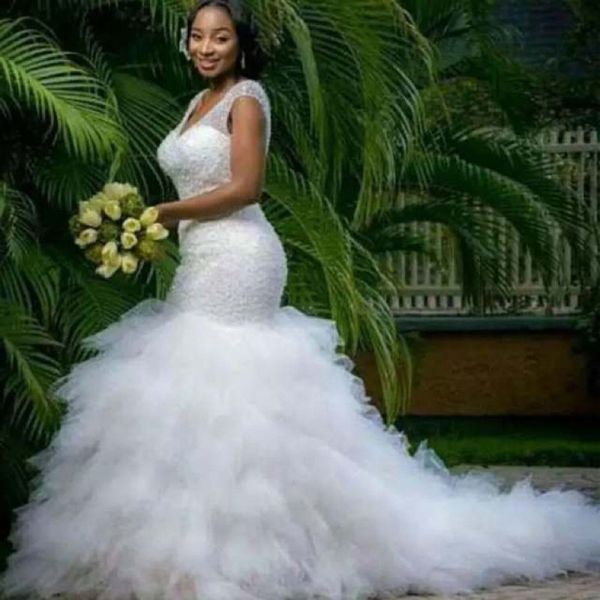 

plus size mermaid wedding dress beading sheer deep v neck backless corset ruffles tulle garden bridal gown, White