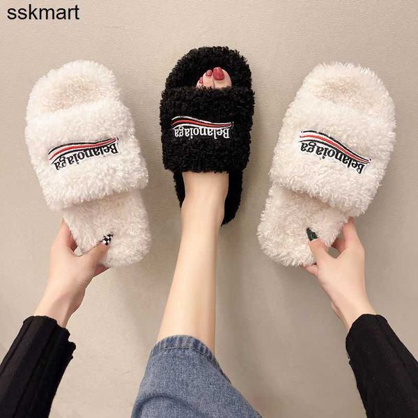 

slippers designer balencaigass new female korean version autumn winter lamb wool home cotton fashion warm wool slippers, Black