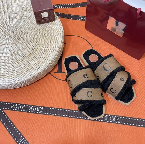 

classic women's soft sheep skin trim printed canvas flat casual slides, Black