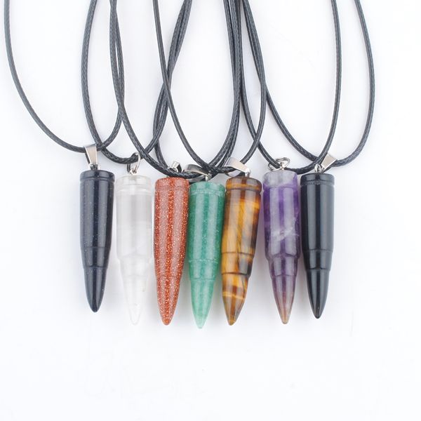 

natural stone pendant long bullet point chakra charm golden sand aventurine amethysts agates jewelry leather chains 45cm bn346, Silver