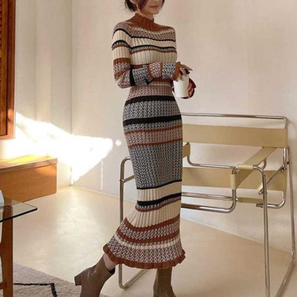 

casual dresses one piece sweater dress 2022 autumn winter gentle wind color matching striped waist long knitted dress fashion women's c, Black;gray