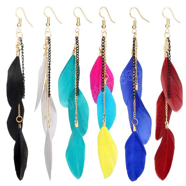 

colorful feather dangle vintage bohemian long chain fringed earrings temperament fairy water drops earrings boho indian jewelry, Silver