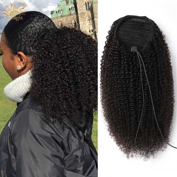 

headband drawstring ponytail human hair kinky straight afro curly remy brazilian long 28 inch 220924, Black;brown