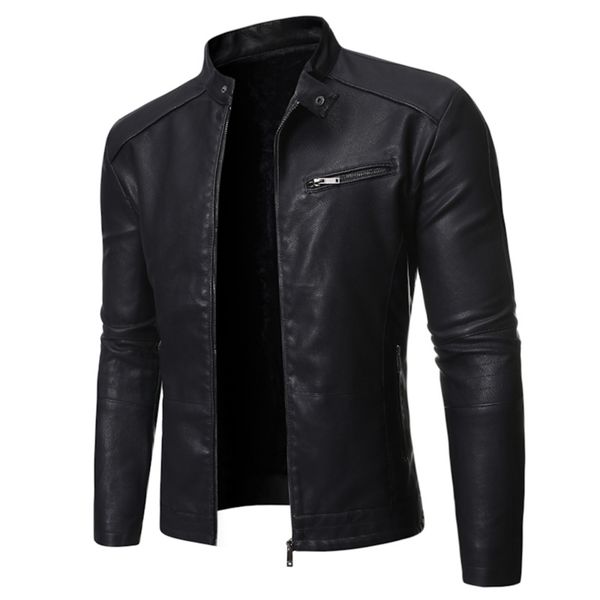 

mens leather faux european and american mens jacket motorcycle leather stand collar solid color washed 220923, Black