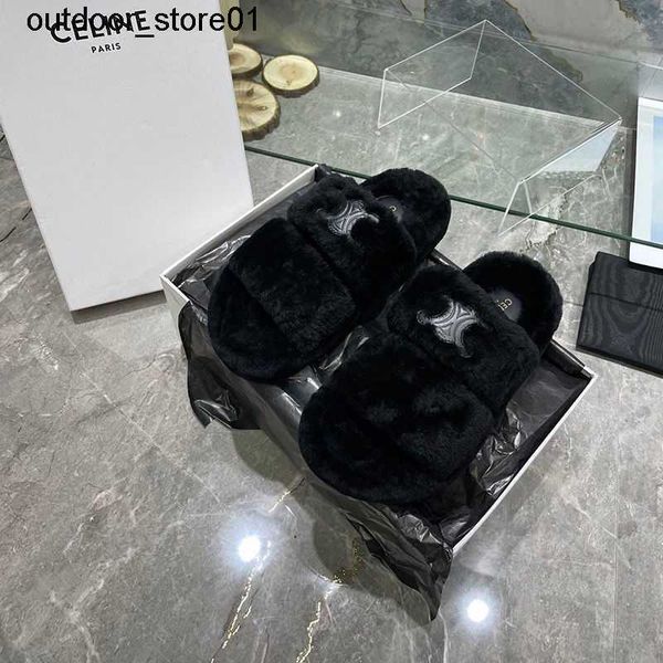 

slippers designer famous brand autumn winter new arc de triomphe fashion versatile flat bottom wool slippers casual women shoes, Black