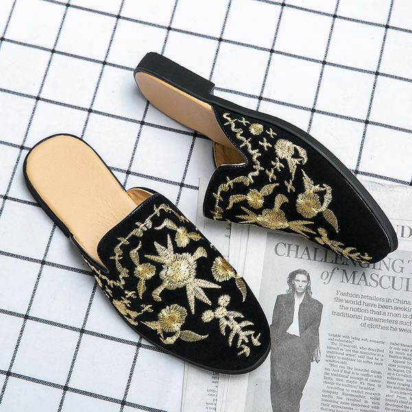 

Fashion Half Slipper Men Shoes Black Faux Suede Personality Floral Embroidery Slip-on Baotou Sling Heel Comfortable Casual Daily AD243, Clear