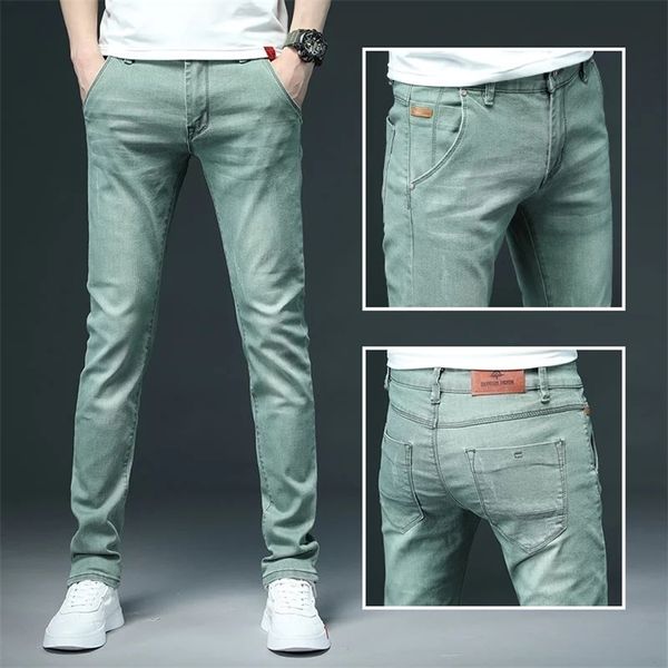 

men's jeans brand mens colored stretch skinny men fashion casual slim fit denim trousers male green black khaki white pants 220923, Blue