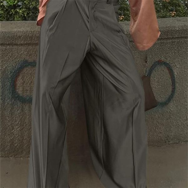 

men's pants fashion men solid color button high waist pockets leisure wide leg trousers men streetwear casual incerun 220922, Black