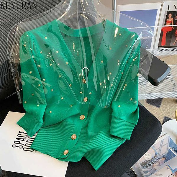 

women's sweaters frech retro summer knitted cardigans women's v-neck beaded single-breasted puff short sleeve green plaid sweaters, White;black