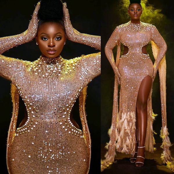 

2022 arabic aso ebi gold mermaid prom dresses beaded pearls feather evening formal party second reception birthday engagement gowns dress zj, Black