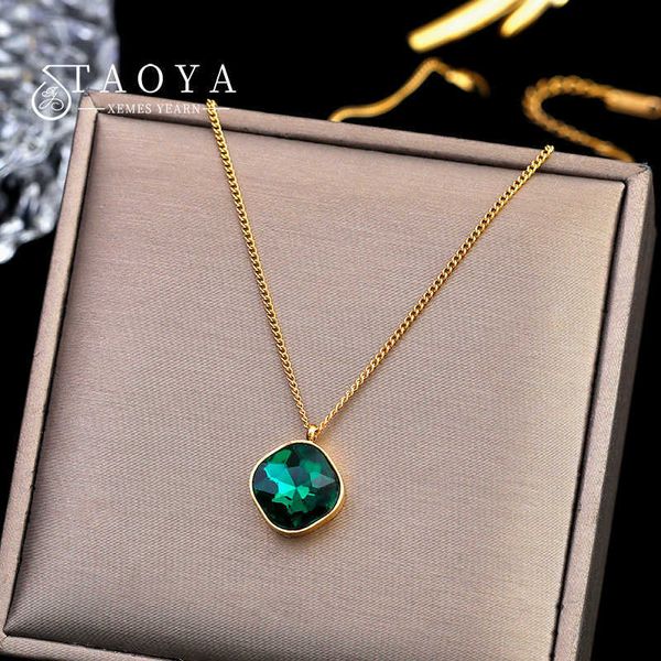

non fading geometric rhombus green crystal pendant stainless steel short necklace fashion jewelry for womans simple neck chain, Silver