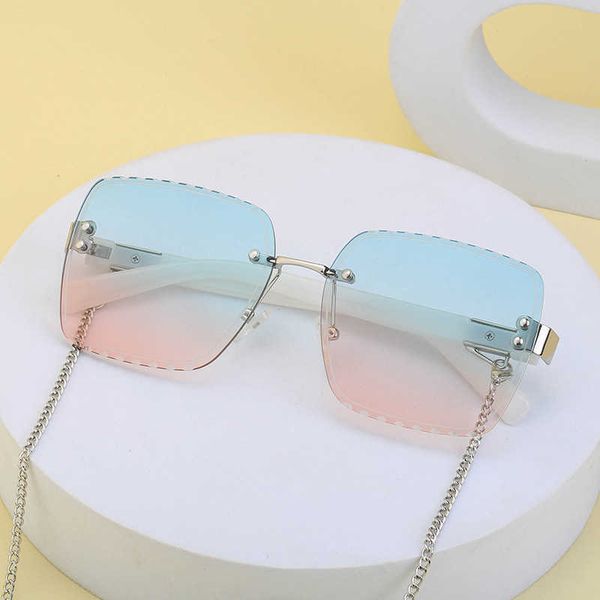 

sunglasses new fashion frameless sunglasses sunscreen large frame tiktok womens belt chain, White;black