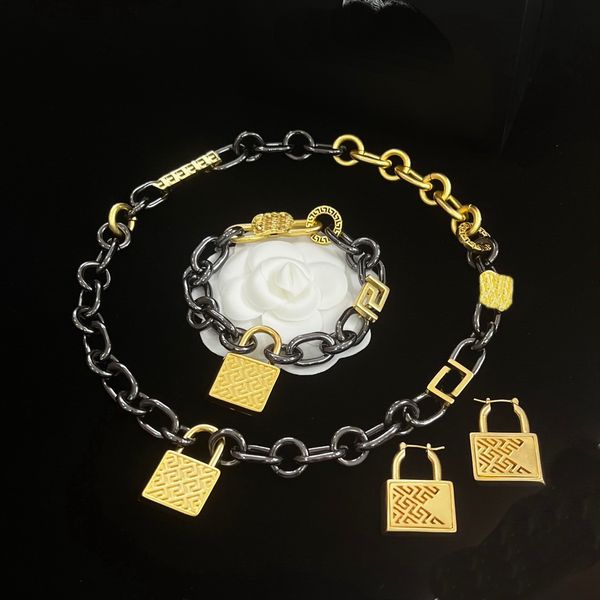 

hiphop rock punk black choker necklace bracelet brass lock earring greece meander pattern banshee medusa portrait designer jewelry ms10 --04