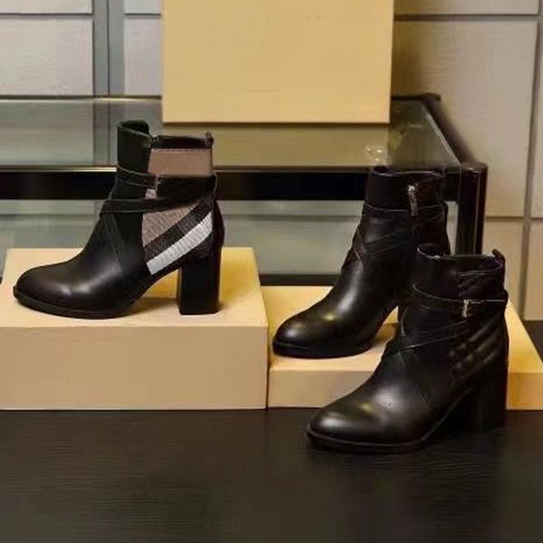 

autumn winter short boots woman metal belt buckle high heels designer boot 100% leather lady thick heel shoe fashion cloth women shoes large, Black