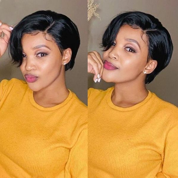 

pixie cut side part 13x4x1 lace front wig short bob wig pre plucked bone straight human hair wigs for women, Black;brown
