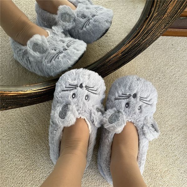 

slippers home fuzzy slipper women winter fur contton warm plush non slip grip indoor fluffy lazy female mouse ears embroidery floor shoe 220, Black