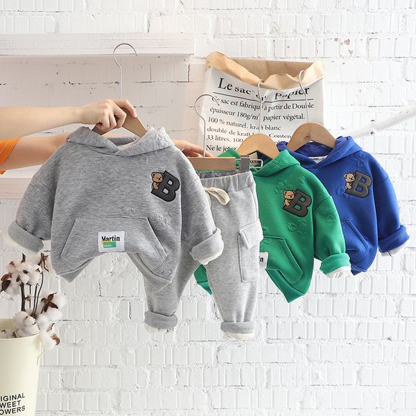 

Baby Boys Girls Clothing Sets Spring Autumn Infant Cartoon Sweater Hooded Pants Warm Plush Thicken Kids Children Clothes Outfits 1-5Y, Blue