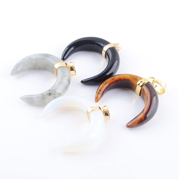 

natural stones crescent moon pendants gold color reiki women jewelry lapis lazuli rose quartzs opalite bn328, Silver