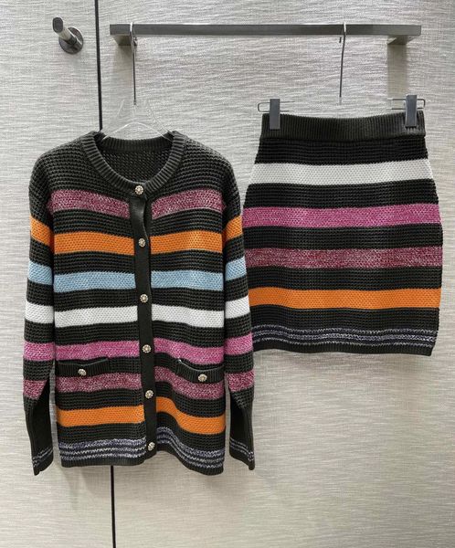 

autumn casual women two piece dress striped knitted sweater cardigans with a-line skirt female chic suits sets, White