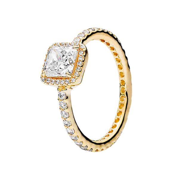 

yellow gold plated square sparkle halo designer ring beautiful woman wedding gift original box for pandora real sterling silver engagement r, Slivery;golden