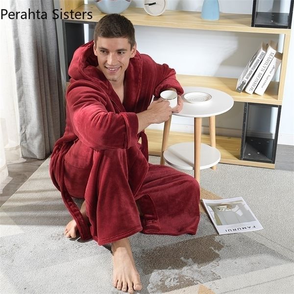 

men's robes loose plus size flannel bathrobes men solid color extend long hooded winter robe male thicken dressing gown albornoces 2209