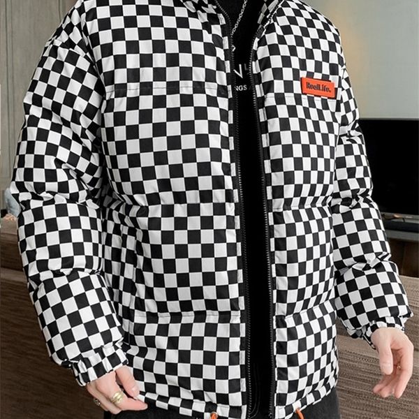 

mens down parkas parka winter warm jacket fashion streetwear stand collar plaid thicken cotton padded windproof thermal coat 220923, Black