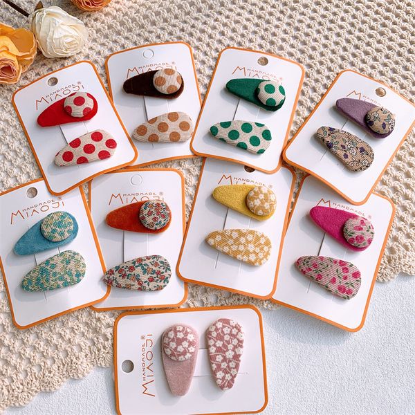 

2 pcs autumn new korean children's button hairpins fashion sweet girl princess simple fabric floral dot bb clip hair accessories, Slivery;white