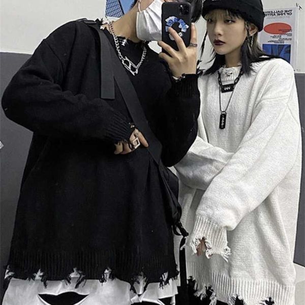

men's sweaters pfnw torn sweater hip hop dark style streetwear solid hollow out rotten edge o neck pullover autumn casual male 220923, White;black
