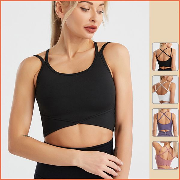 

2022 yoga quick dry sling crop for women gym fitness running sports sleeveless built-in chest pad slim vest t-shirt 20w122, White