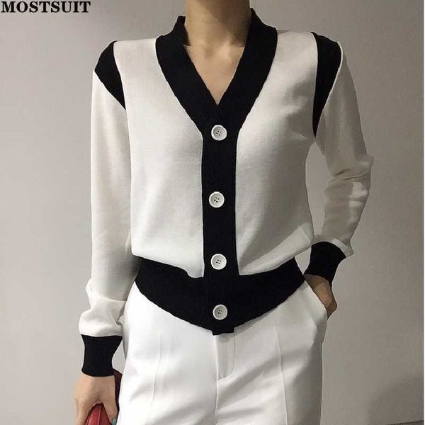 

women's sweaters korean color-blocked knitted cardigan women full sleeve v-neck single-breasted sweaters elegant chic fashion ladies j, White;black