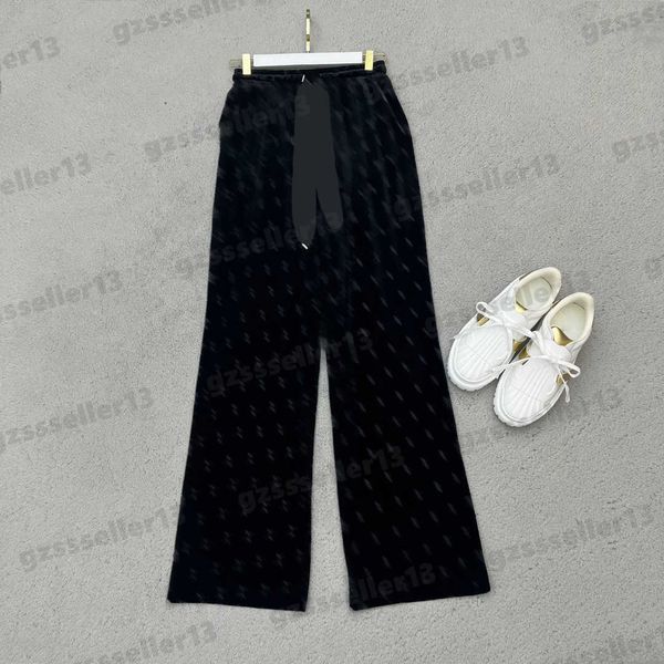 

designer womens pants full body letter logo jacquard wide leg pants fashion brand lace-up drawstring velvet loose casual trousers women clot, Black;white