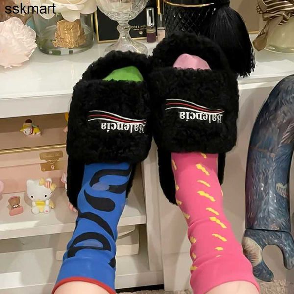 

slippers designer balencaigass paris woolen fashion brand women wear new autumn winter embroidered letter family black lamb woolen shoes