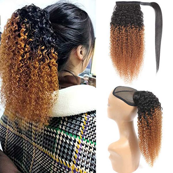 

headband maxine afro kinky curly wrap around tail human hair 3c 4a long clip in 1b 27 color 220924, Black;brown
