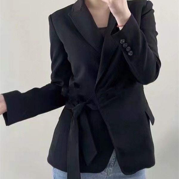 

women's suits blazers autumn and winter lapel solid color wrap-type tie-waist women casual suit jacket 220926, White;black