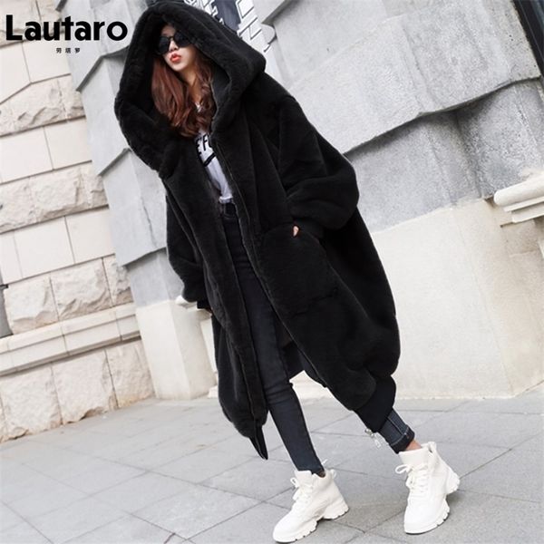 

womens jackets lautaro winter long warm thick grey oversized faux fur coat women with big hood zipper luxury loose european style fashion 22, Black;brown