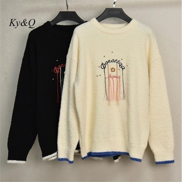 

womens sweaters women autumn and winter stars the same beige oneck fringed sweater mink fleece loose lazy longsleeved knitted sweater 220923, White;black
