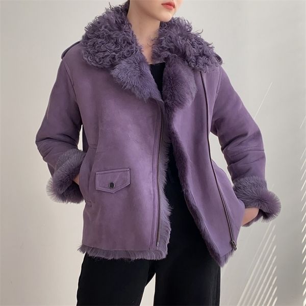 

women s fur faux oftbuy winter jacket women double faced genuine leather coat natural merino sheep warm streetwear locomotive 220926, Black