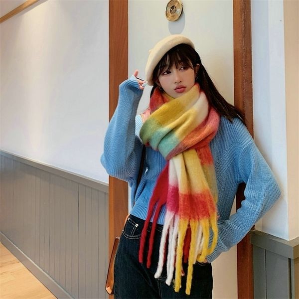 

scarves 2022 korean fashion brand women scarf winter pashmina shawls cashmere thick wraps lady tassel warm scarves rainbow hairy bufanda 220, Blue;gray