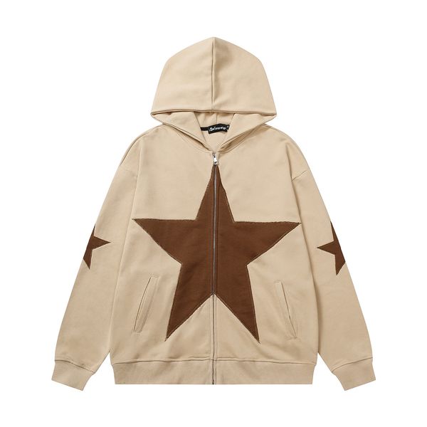 

hip hop zip up hoodies jacket y2k grunge vintage star patch punk gothic loose hooded sweatshirt coat harajuku cotton streetwear, Black