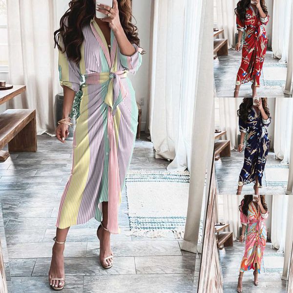 

casual dresses 2022 summer women striped leopard print shirt dresses bandage button elegantes long dress vintage vestidos de mujer casual ro, Black;gray