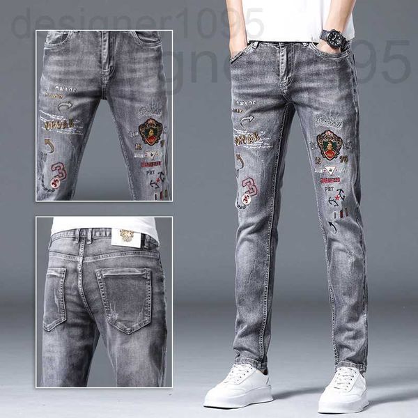 

women's jeans designer hong kong's new spring and summer embroidered jeans men's fashion brand youth korean version hole slim, Blue