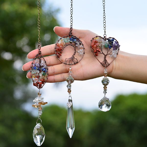 

natural stone yoga healing spiritual home window wall hanging pendant decor tree of life hang chakra stone prism natural crystal charm ornam, Black